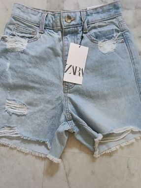 Zara Light Blue Distressed High-Rise Denim Shorts